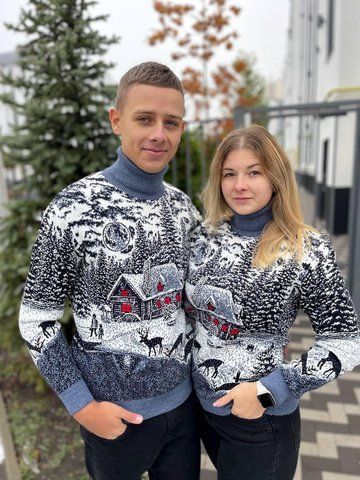 Светр новорічний парний (1шт) "Будиночок" з високою горловиною, джинс