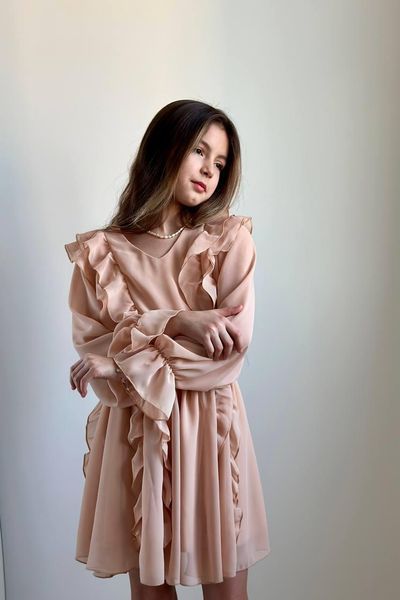 Святкова шифонова сукня для дівчинки бежева (пудра), розміри 140-164, Україна
