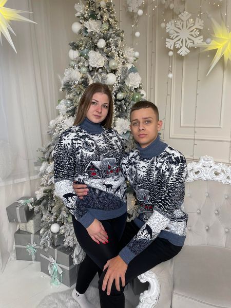 Светр новорічний парний (1шт) "Будиночок" з високою горловиною, джинс
