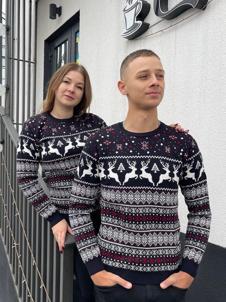 Светр новорічний парний (1шт) "Олені" з круглою горловиною, батал синій