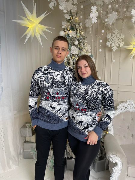 Светр новорічний парний (1шт) "Будиночок" з високою горловиною, джинс