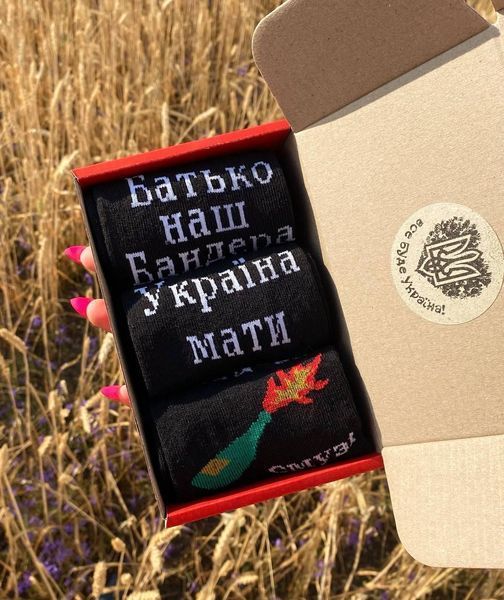 Бокс чоловічих патріотичних шкарпеток 40-45 3 пари в червоній коробці весна-осінь-літо