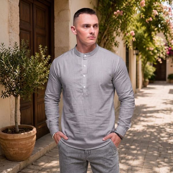 Сорочка чоловіча лляна на довгий рукав ,Style сіра
