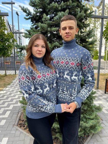 Светр новорічний парний (1шт) "Різдвяний олень" з високою горловиною, джинс