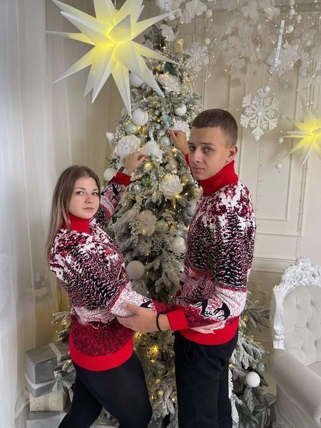 Светр новорічний парний (1шт) "Будиночок" з високою горловиною, червоний