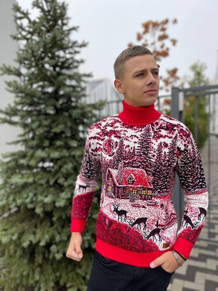 Светр новорічний парний (1шт) "Будиночок" з високою горловиною, червоний