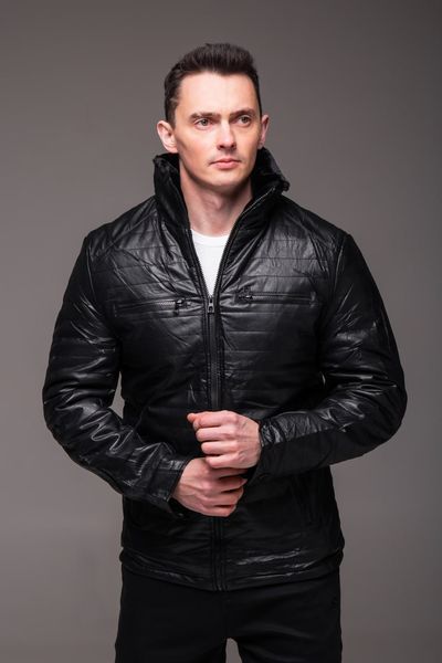 Куртка чоловіча з еко-шкіри на хутрі без капюшона з кишенями на грудях чорна