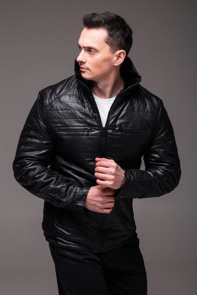 Куртка чоловіча з еко-шкіри на хутрі без капюшона з кишенями на грудях чорна