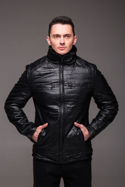 Куртка чоловіча з еко-шкіри на хутрі без капюшона з кишенями на грудях чорна