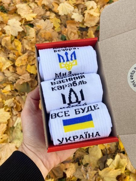 Бокс чоловічих патріотичних шкарпеток 41-45 3 пари в червоній коробці весна-осінь-літо