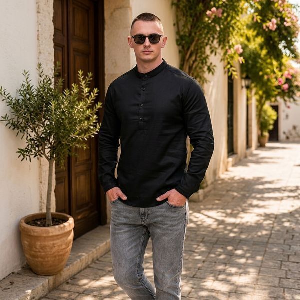 Сорочка чоловіча лляна на довгий рукав ,Style чорна