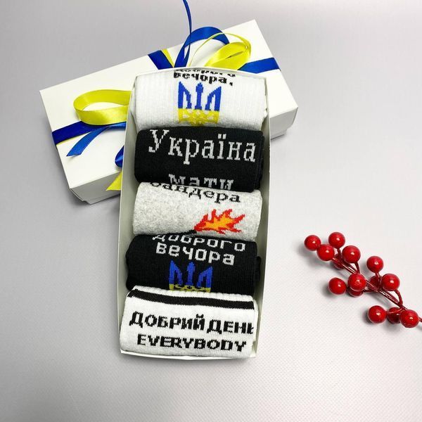 Набір чоловічих патріотичних шкарпеток 40-45 на 5 пар у подарунковій коробці із стрічкою
