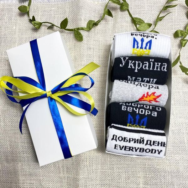 Набір чоловічих патріотичних шкарпеток 40-45 на 5 пар у подарунковій коробці із стрічкою