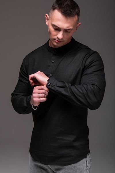 Сорочка чоловіча лляна на довгий рукав ,Style чорна
