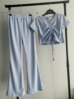 Костюм літній , комплект топ з затяжкою і штани палаццо в рубчик, для дівчинки , блакитний 0951 фото