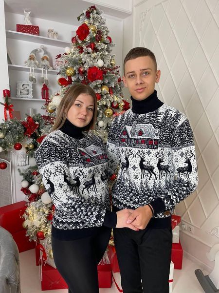 Светр новорічний парний (1шт) "Домік" з високою горловиною, синій