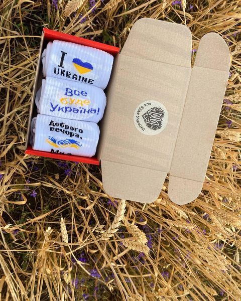 Бокс чоловічих патріотичних шкарпеток 40-45 3 пари в червоній коробці весна-осінь-літо