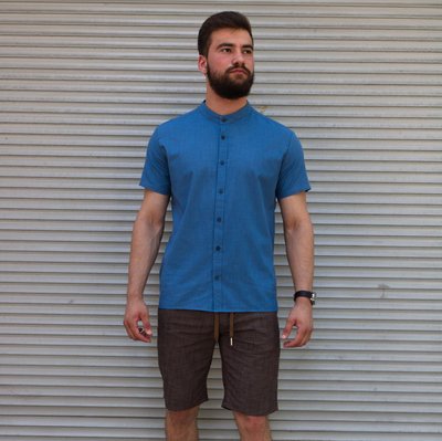 Сорочка чоловіча з льону на короткий рукав,синя 2030 син фото