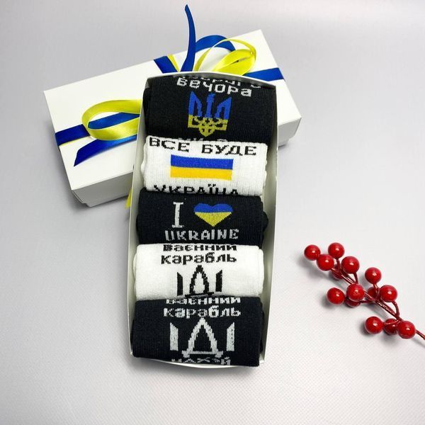 Набір чоловічих патріотичних шкарпеток 40-45 на 5 пар у подарунковій коробці із стрічкою