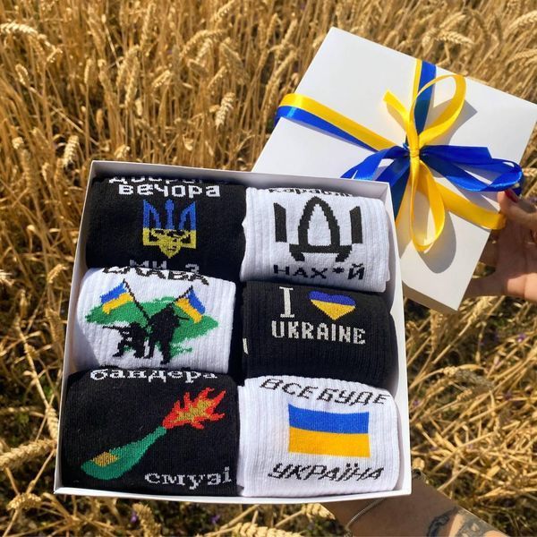 Бокс чоловічих патріотичних шкарпеток на 6 пар 40-45 р в подарунковій коробці із стрічкою весна-осінь-літо