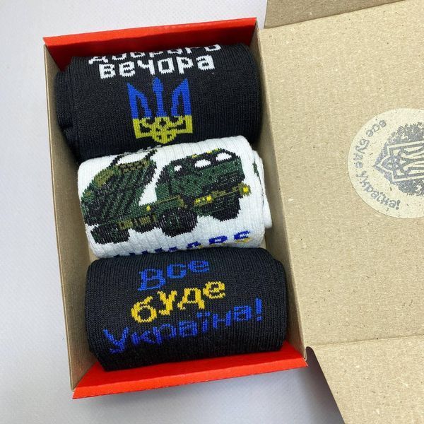 Бокс чоловічих патріотичних шкарпеток 40-45 3 пари в червоній коробці весна-осінь-літо