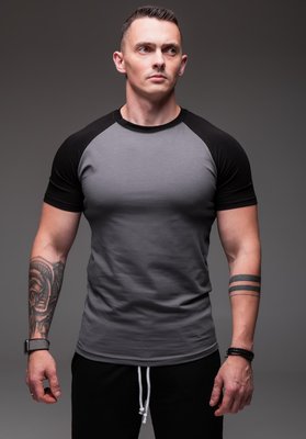 Чоловіча футболка сіра з чорним рукавом 1404 сір фото