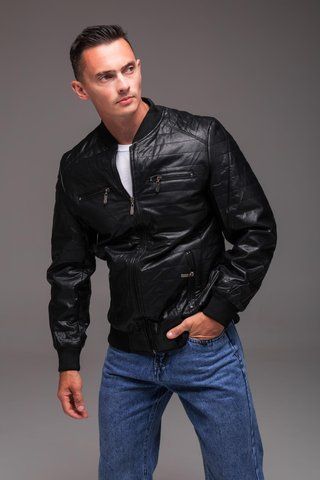 Куртка бомбер чоловіча з екошкіри утеплена чорна