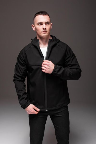 Куртка вітрівка водонепроникна, на флісі, чоловіча ,з капюшоном , чорна 2065 черн фото