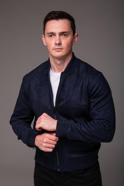 Куртка бомбер замшева комір стійка чоловіча темно-синя
