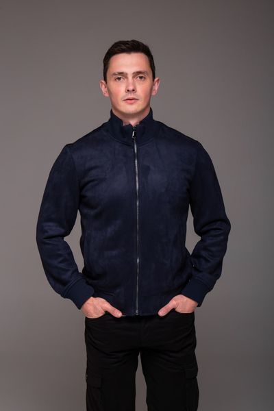 Чоловіча замшева куртка Woody темно-синя з коміром стійкою