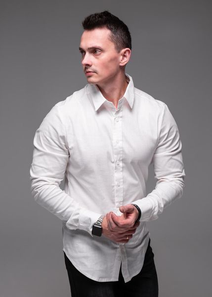 Сорочка чоловіча лляна на довгий рукав , молочна