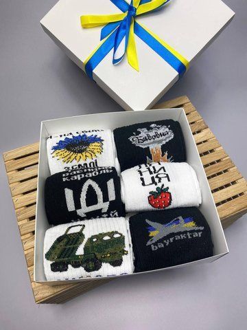 Бокс жіночих патріотичних шкарпеток на 6 пар 36-41 р в подарунковій коробці із стрічкою весна-осінь